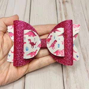 Dinosaur Dino Pink Glitter Hair Bow Clip