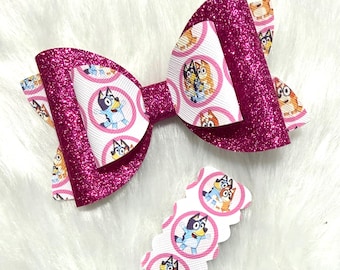 Blue Dog Inspired Pink Glitter Sisters Hair Bow Clip OR Snap Clip