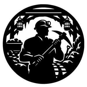 May include: Black and white silhouette of a miner inside a circular frame. The miner is holding a pickaxe and wearing a helmet with a lamp. Coal, a shovel, and lanterns are also visible, suggesting a mining theme.