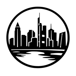 May include: Black and white silhouette of a cityscape within a circular frame. The design features various skyscraper outlines, a body of water, and a solid black border. The image is a minimalist representation of an urban skyline.