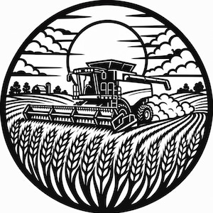 Può includere: Illustrazione in bianco e nero di una mietitrebbia in un campo di grano, all'interno di una cornice circolare. Il sole e le nuvole sono sullo sfondo, con una scena di fattoria visibile. Immagine dettagliata di macchinari agricoli.
