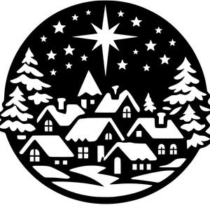 May include: Black and white silhouette of a winter village scene inside a circle. The design features snow-covered houses, evergreen trees, stars, and a large star. A festive, holiday-themed design.