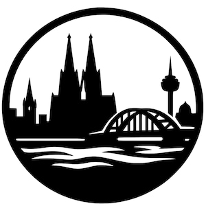 May include: Black and white silhouette of the Cologne skyline, including the Cologne Cathedral, a bridge, and a tower, set within a circular frame. The image depicts the city's iconic landmarks.
