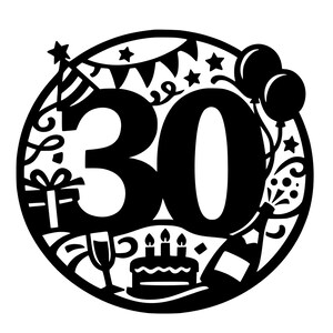Könnte beinhalten: Schwarzes Silhouette-Design mit der Zahl 30 in einem Kreis, verziert mit Party-Elementen. Enthält eine Partyhütchen, ein Geschenk, eine Sektflasche, einen Kuchen mit Kerzen, Luftballons und Konfetti. Ideal für einen 30. Geburtstag.
