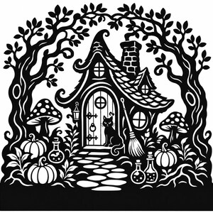 May include: A black silhouette cutout featuring a whimsical cottage with a chimney, surrounded by two large trees. A cat sits in the doorway, accompanied by a broom, mushrooms, pumpkins, and glass potion bottles on a stone path in the foreground.