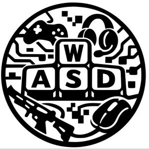 以下が含まれることがあります： ゲーム要素をあしらった白黒の円形グラフィック。ゲームパッド、ヘッドセット、キーボードキー（W、A、S、D）、銃、マウスが含まれています。基板のようなパターンでデザインされています。