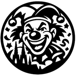 May include: A black and white graphic of a smiling clown's face within a circular frame. The clown has a large red nose, a wide grin, and a jester's hat. The design includes stars and a silhouette of a building.