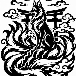 May include: A black and white graphic illustration featuring a multi-tailed fox sitting atop a jagged rock formation. Behind the fox is a traditional torii gate structure, surrounded by stylized swirling cloud patterns throughout the composition.