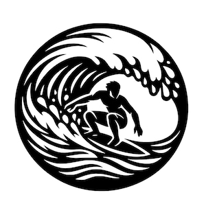May include: Black and white graphic of a surfer riding a wave. The surfer is silhouetted against the wave, which is depicted with stylized lines and water droplets. The image is circular.