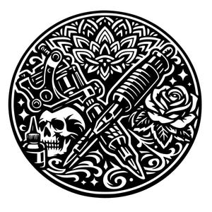 Könnte beinhalten: Schwarz-weißes kreisförmiges Design mit Elementen zum Thema Tätowieren. Enthält einen Totenkopf, Tätowierpistolen, eine Rose und eine Tintenflasche. Das Design ist von dekorativen floralen und geometrischen Mustern umgeben.