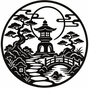 May include: A circular black metal wall art piece featuring a detailed silhouette of a Japanese garden scene. The design includes a stone lantern, a curved bridge over a stream, stepping stones, stylized pine trees, and a large full moon.