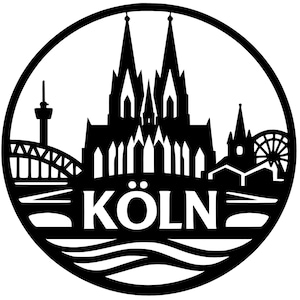 Könnte beinhalten: Schwarz-weiße Silhouette der Kölner Skyline, mit dem Kölner Dom, einer Brücke und einem Riesenrad, alles in einem kreisförmigen Rahmen. Das Wort "KÖLN" ist deutlich zu sehen.