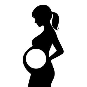 Könnte beinhalten: Schwarze Silhouette einer schwangeren Person im Profil, mit Pferdeschwanz und einem weißen Kreis, der den Babybauch darstellt. Das Bild ist vor einem weißen Hintergrund. Die Person blickt nach links.
