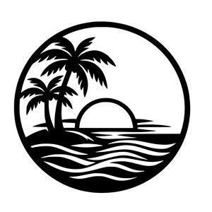 Könnte beinhalten: Schwarz-weiße, kreisförmige Grafik einer tropischen Strandszene. Zwei Palmen stehen auf einer kleinen Insel, mit der Sonne, die über dem Meer untergeht. Die Szene ist in einem dicken schwarzen Kreis eingeschlossen.