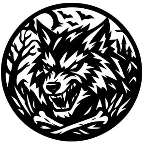 Puede incluir: Un diseño circular en blanco y negro que presenta la cabeza de un lobo gruñendo, rodeada de árboles, murciélagos y un hueso. El lobo tiene dientes afilados y una expresión intensa, sobre un fondo blanco. El diseño es detallado e intrincado.