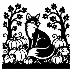 May include: A black and white graphic illustration featuring a fox sitting centrally among several pumpkins and leafy trees. The design uses high-contrast silhouettes to depict the animal, gourds, and foliage in a flat, stylized composition.