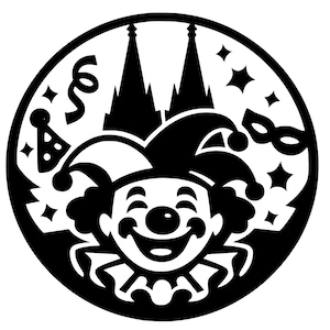 Peut inclure: Design circulaire noir et blanc représentant un bouffon souriant avec un grand nez et un chapeau de bouffon. Le design comprend un chapeau de fête, des étoiles, un masque et deux grands bâtiments, le tout sur fond blanc.