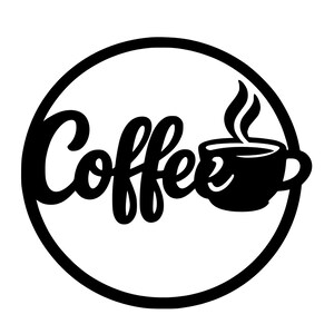Puede incluir: Gráfico en blanco y negro de la palabra "Coffee" en fuente cursiva, con un icono de taza de café. El diseño está encerrado en un círculo negro, creando un visual simple pero audaz.