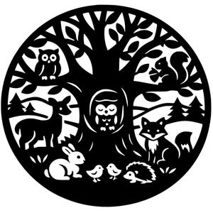 May include: Black circular silhouette of a forest scene with a tree, animals, and foliage. The design includes an owl, squirrel, fox, deer, rabbit, birds, and a hedgehog. The artwork is cut out, creating a negative space effect.
