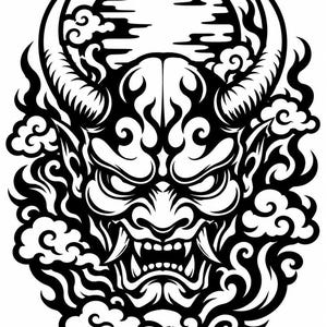 May include: A black and white graphic illustration featuring a horned demon mask with sharp fangs, surrounded by swirling smoke or flame patterns and stylized clouds, set against a circular background element resembling a full moon or sun.