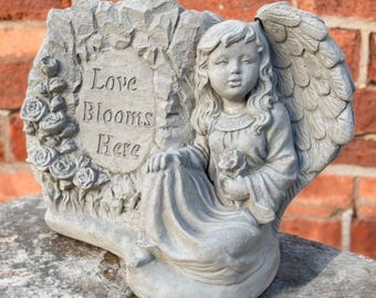 12" Angel with flowers statue, Cherub outside art, Religious garden figurine, Angel girl ornament, Stone cherub idea, Lawn religious design