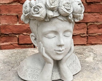 11" Bust planter sculpture, Lawn woman ornament, Plant pot figurine, Garden planter decor, Flowers pot idea, Woman bust design, Planter art