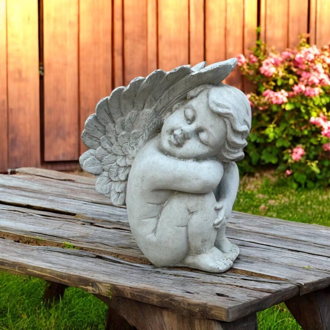 7" Stone Angel Sculpture, Concrete Cherub Decor, Lawn Religious Art ...
