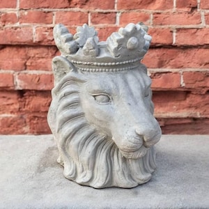 May include: A gray concrete lion head planter with a crown on top. The planter is sitting on a gray surface.