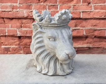 10&#39; Front door lion head, Stone animal planter, Garden lion decor, Lion plant pot, Stone lion art, Outside animal statue, Lion head