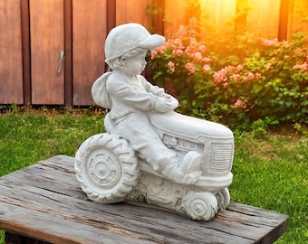 12" Lawn boy statue, Outdoor kid ornament, Garden boy decor, Cement kid art, Boy on tractor sculpture, Yard child figure, Stone boy design
