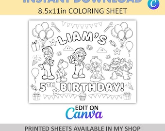 Canva Bewerken - DIY - Aangepaste kleurplaten - Mario Placemats - Mario Kleurplaten - Mario Party Favors - Mario Favors