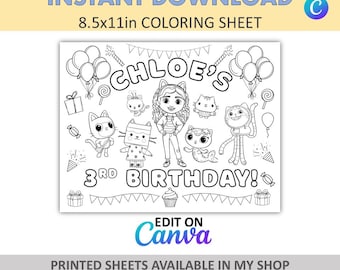 Canva Edit - DIY - Custom Coloring - Gabby Placemats - Gabby Coloring Sheets - Gabby Party Favors - Gabby Dollhouse Favors