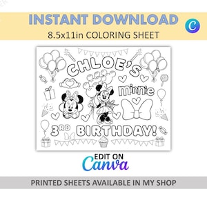 Canva Edit - DIY - Custom Coloring - Minnie Placemats - Minnie Coloring Sheets - Minnie Party Favors - Minnie Favors