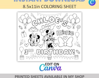 Edición en Canva - Hazlo tú mismo - Coloreado personalizado - Manteles individuales de Minnie - Láminas para colorear de Minnie - Recuerdos de fiesta de Minnie - Recuerdos de Minnie