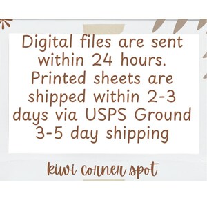 Puede incluir: Fondo blanco con texto marr&oacute;n: "Los archivos digitales se env&iacute;an en 24 horas. Las hojas impresas se env&iacute;an en 2-3 d&iacute;as a trav&eacute;s de USPS Ground 3-5 d&iacute;as de env&iacute;o." El texto "kiwi corner spot" est&aacute; en la parte inferior.