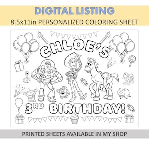 DIGITAL Personalized Coloring Sheets - Toy Story Placemats - Woody Coloring Sheets - Toy Story Party Favors - Woody Favors