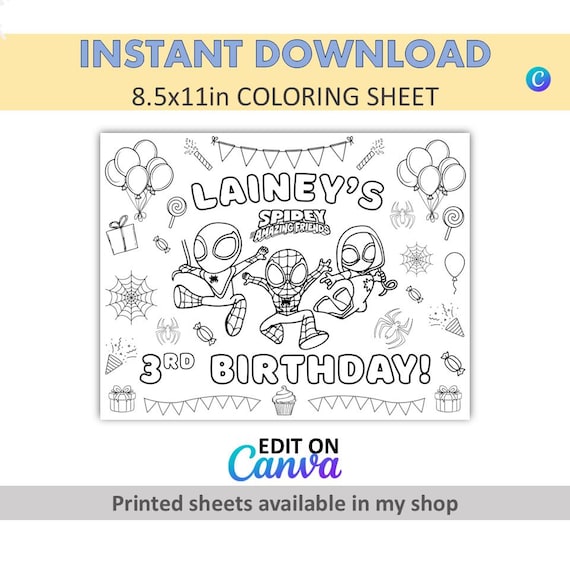 Canva Edit - DIY - Custom Coloring - Spidey Placemats - Spidey Coloring Sheets - Spidey Party Favors - Spidey Favors