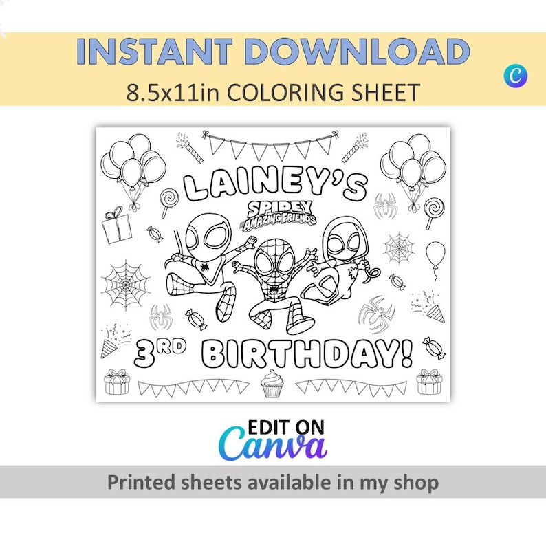 May include: Black and white coloring sheet featuring three Spidey characters, balloons, and the text "LAINEY'S SPIDEY AMAZING FRIENDS 3RD BIRTHDAY!" The sheet is 21.6 x 27.9 cm and available for instant download.
