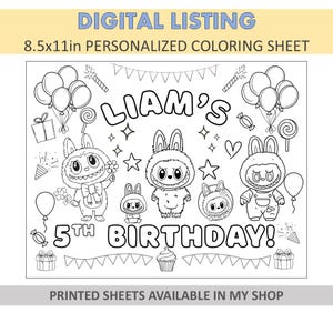 DIGITAL Personalized Coloring Sheets - Cute Monsters Placemats - Labubu Coloring Sheets - Popular Party Favors - Labubu Favors
