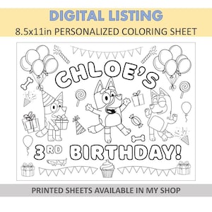 DIGITAL Personalized Coloring Sheets - Blue Placemats - Bingo Coloring Sheets - Dog Party Favors - Girly Favors
