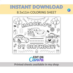 Canva Edit - DIY - Custom Coloring - Cars Birthday Coloring Sheets - Cars Party Favors - Lightning McQueen Placemats - Cars