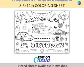 Canva Bewerken - DIY - Aangepaste kleurplaten - Auto's verjaardag kleurplaten - Cars feestartikelen - Lightning McQueen-placemats - Auto's