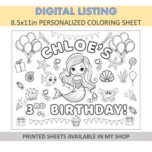 DIGITAL Personalized Coloring Sheets - Mermaid Coloring Pages - Under the Sea Coloring Sheets - Mermaid Party Favors - Sea Party Favors