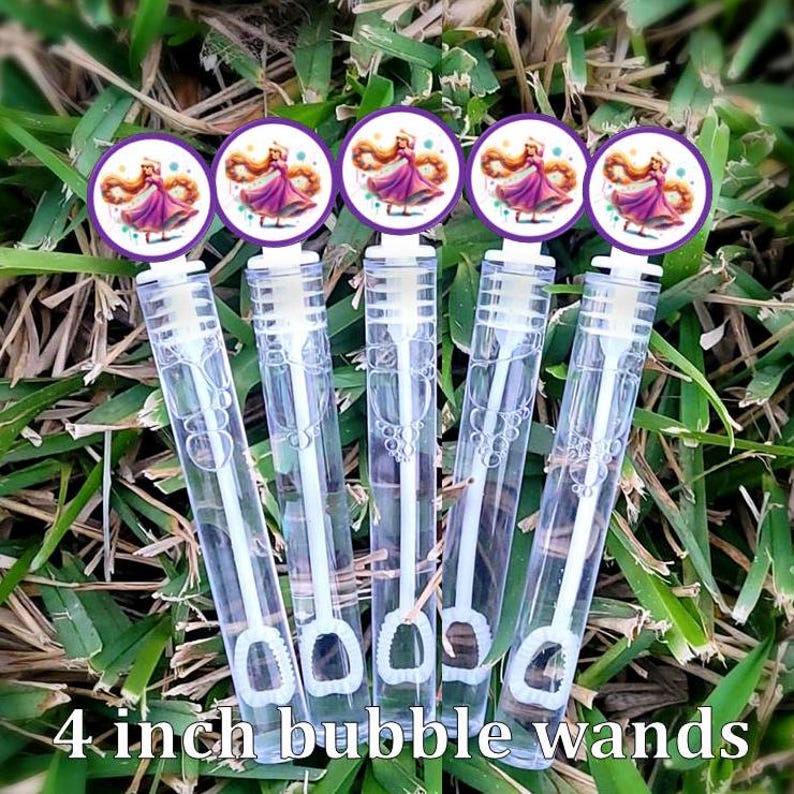 May include: Five 4-inch clear plastic bubble wands with colourful princess-themed stickers. Each wand features a different princess character with long blonde hair.