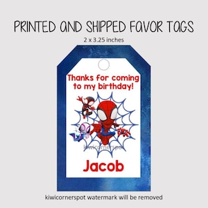 Pu&ograve; includere: Un bigliettino blu con un centro bianco con personaggi di Spider-Man e il testo "Grazie per essere venuto al mio compleanno!" e "Jacob". Il bigliettino misura 5,08 x 8,26 cm.