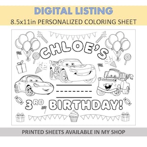 Personalized Coloring Sheets - Birthday Coloring Sheets - Cars Party Favors - Lightning McQueen Coloring Page - Cars Coloring Book