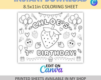 Canva Edit - DIY - Custom Coloring - Strawberry Placemats - Berry Sweet Coloring Sheets - Strawberry Party Favors -