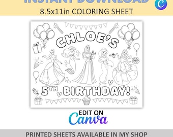 Canva Edit - Fai da te - Colorazione personalizzata - Tovagliette principesse - Fogli da colorare principesse Disney - Bomboniere principesse Disney