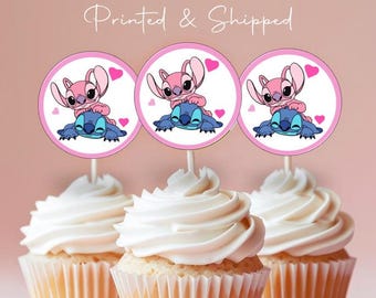 12 PRINTED Toppers - Stitch & Angel Cupcake Toppers - Stitch Cupcake Toppers - Stitch Party - Stitch Favors - Party Favors