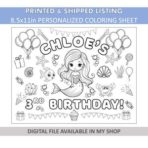10 Printed Personalized Coloring Sheets - Mermaid Coloring Pages - Under the Sea Coloring Sheets - Mermaid Favors  - 65lb Cardstock